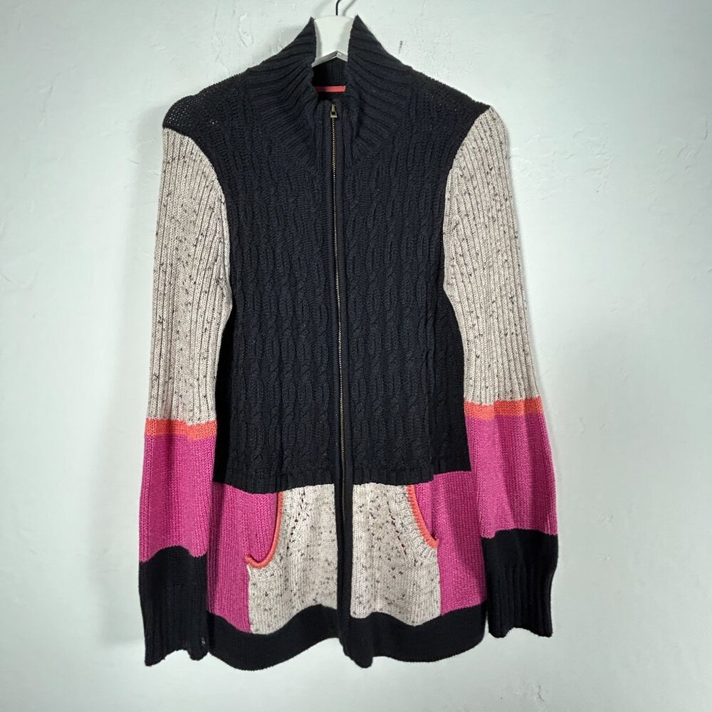 NIC+ZOE Womens Fireside Zip-Up Cardigan Sweater Small Black Colorblock Pockets